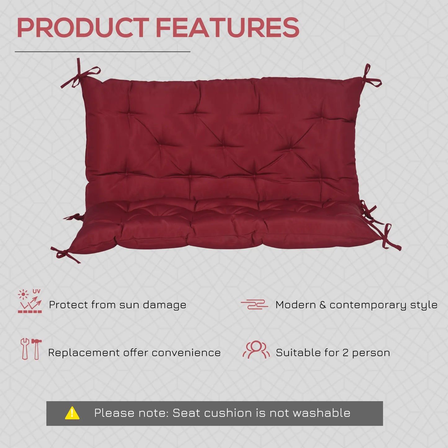 Porch Swing Cushion, Garden Bench Cushion with Backrest, Non-Slip 2-Seater, 39.4" x 38.6", Wine Red Patio Chair Cushions at Gallery Canada
