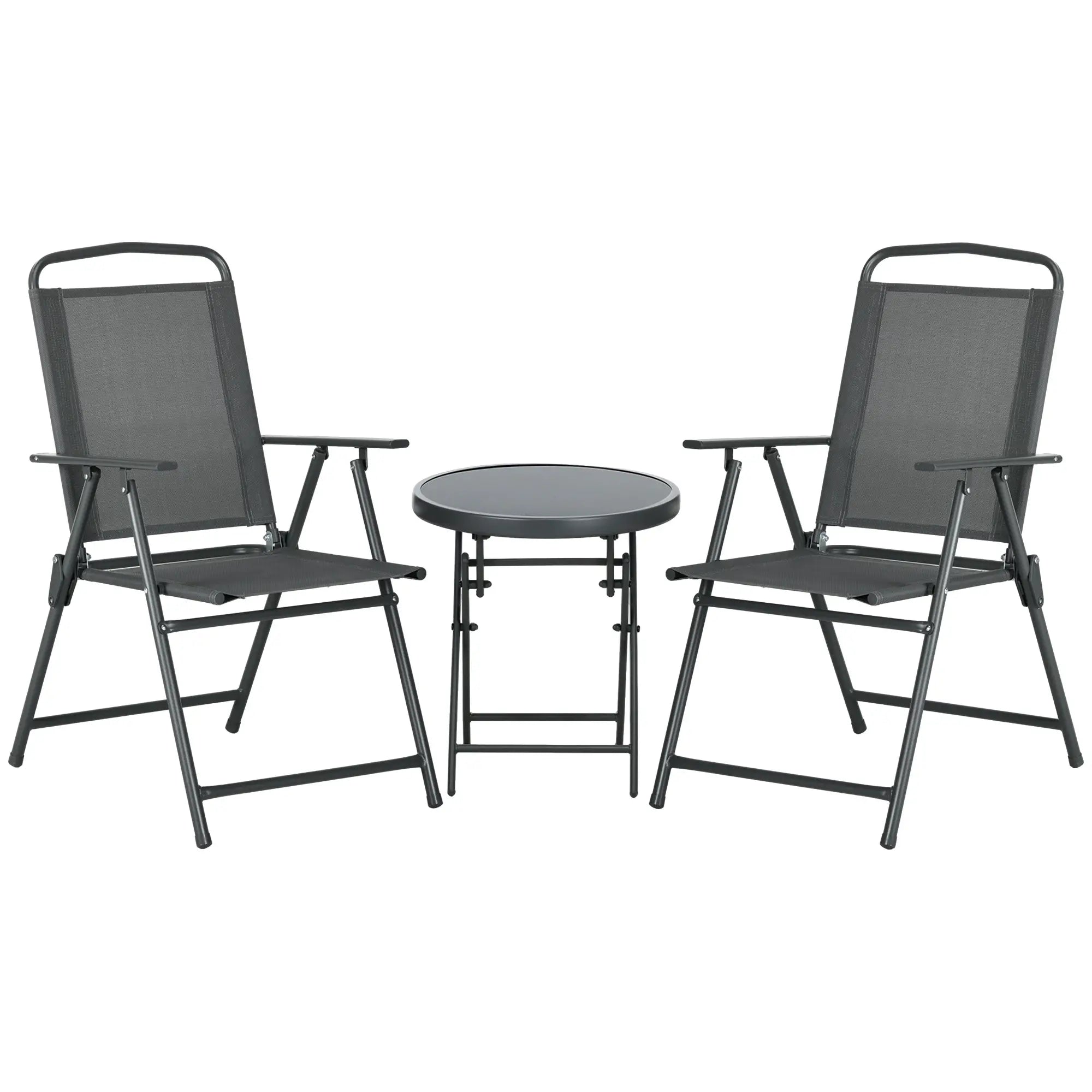 3 Piece Bistro Set, Foldable Mesh Chairs, Glass Table, Charcoal Grey Bistro Sets at Gallery Canada