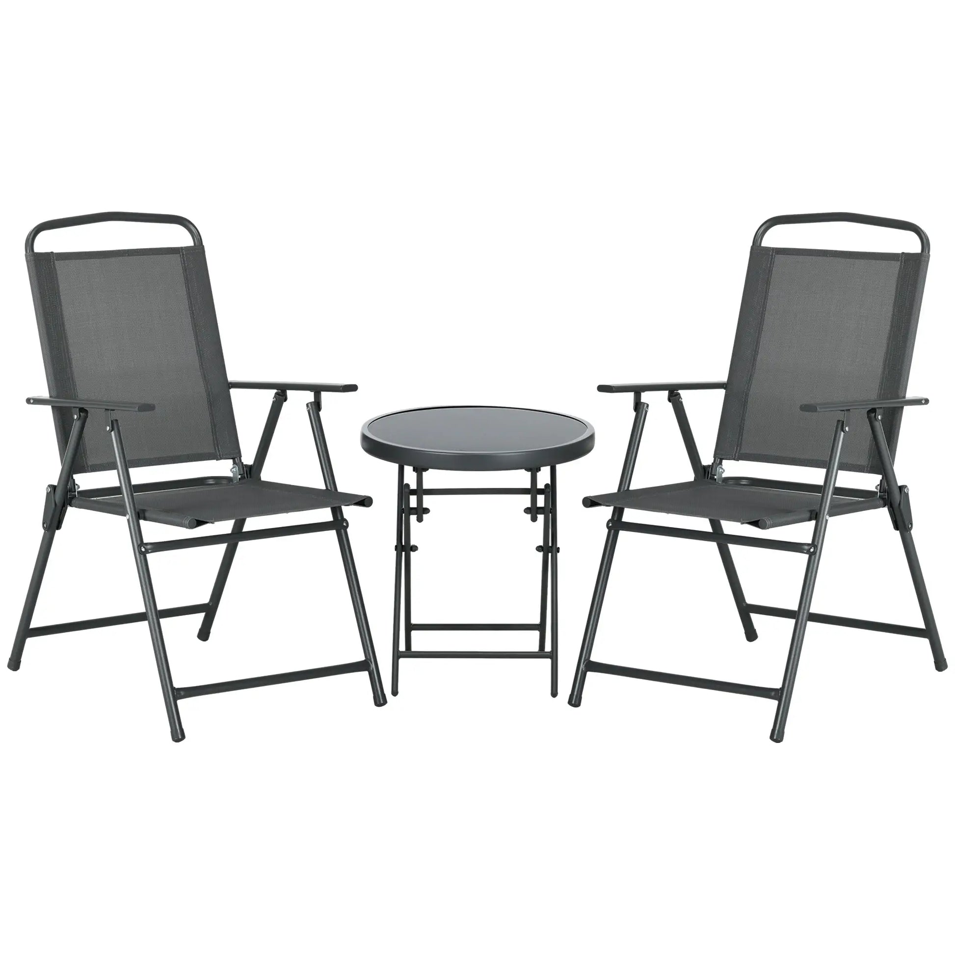 3 Piece Bistro Set, Foldable Mesh Chairs, Glass Table, Charcoal Grey Bistro Sets at Gallery Canada
