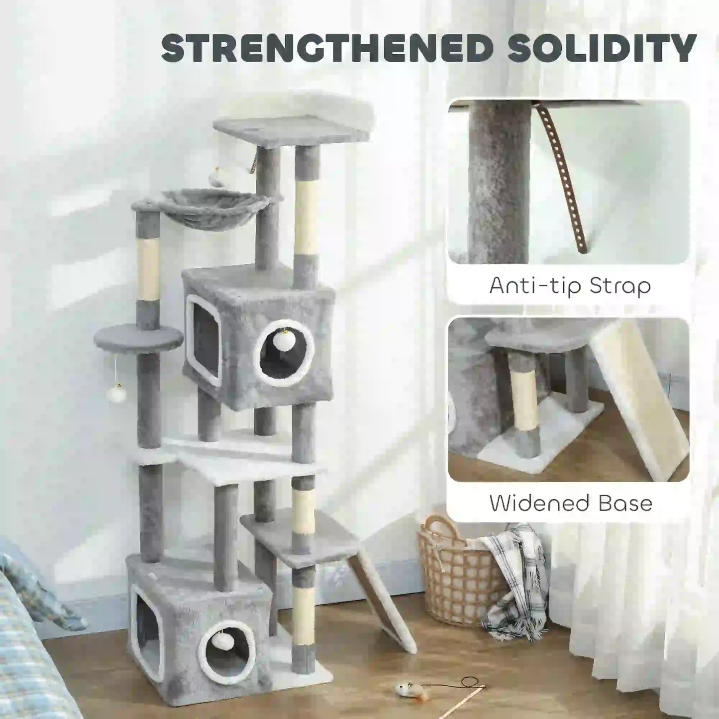 65 Inch Cat Tree, 2 Doors Condos, Plush Perch, Hammock, Grey Cat Towers at Gallery Canada