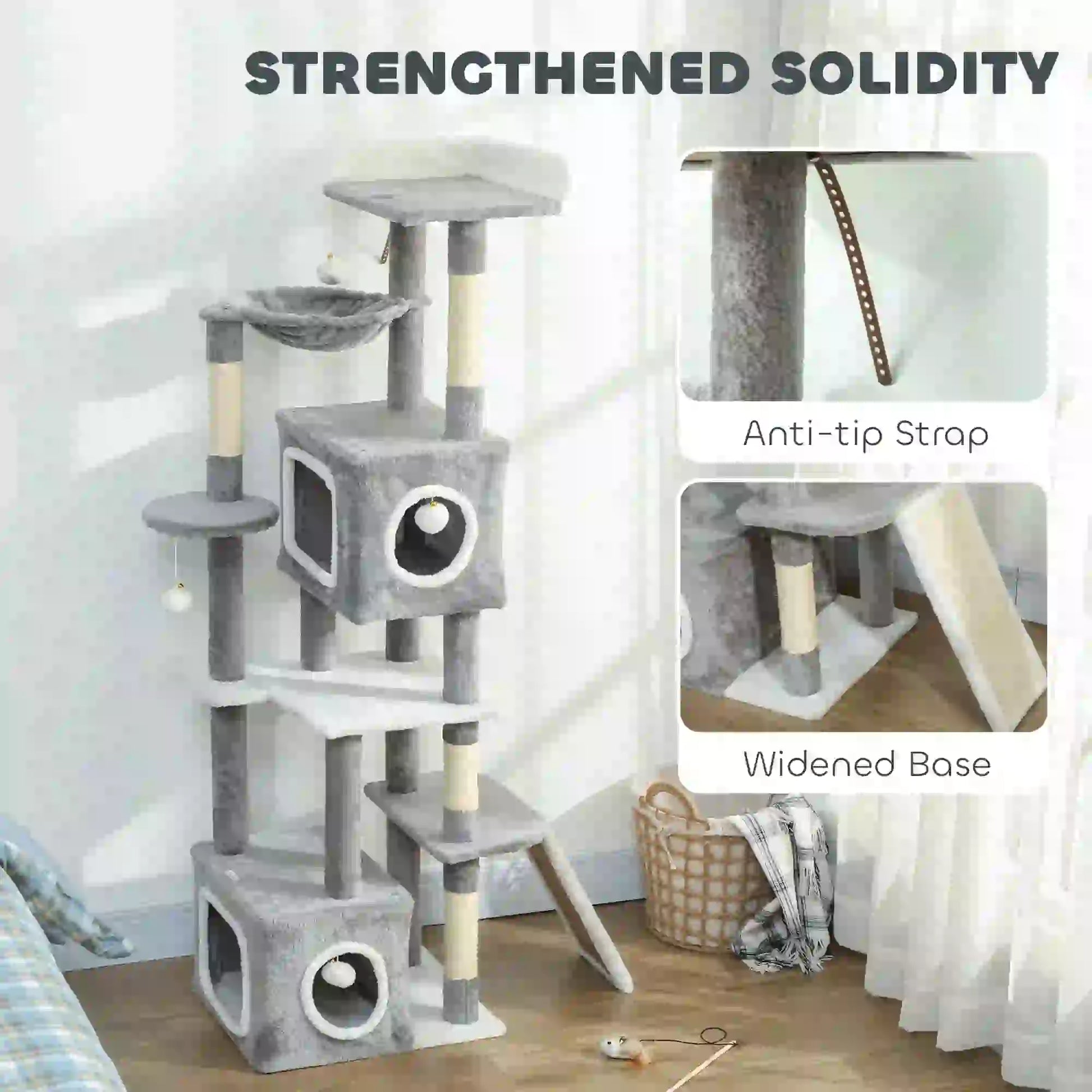 65 Inch Cat Tree, 2 Doors Condos, Plush Perch, Hammock, Grey Cat Towers at Gallery Canada