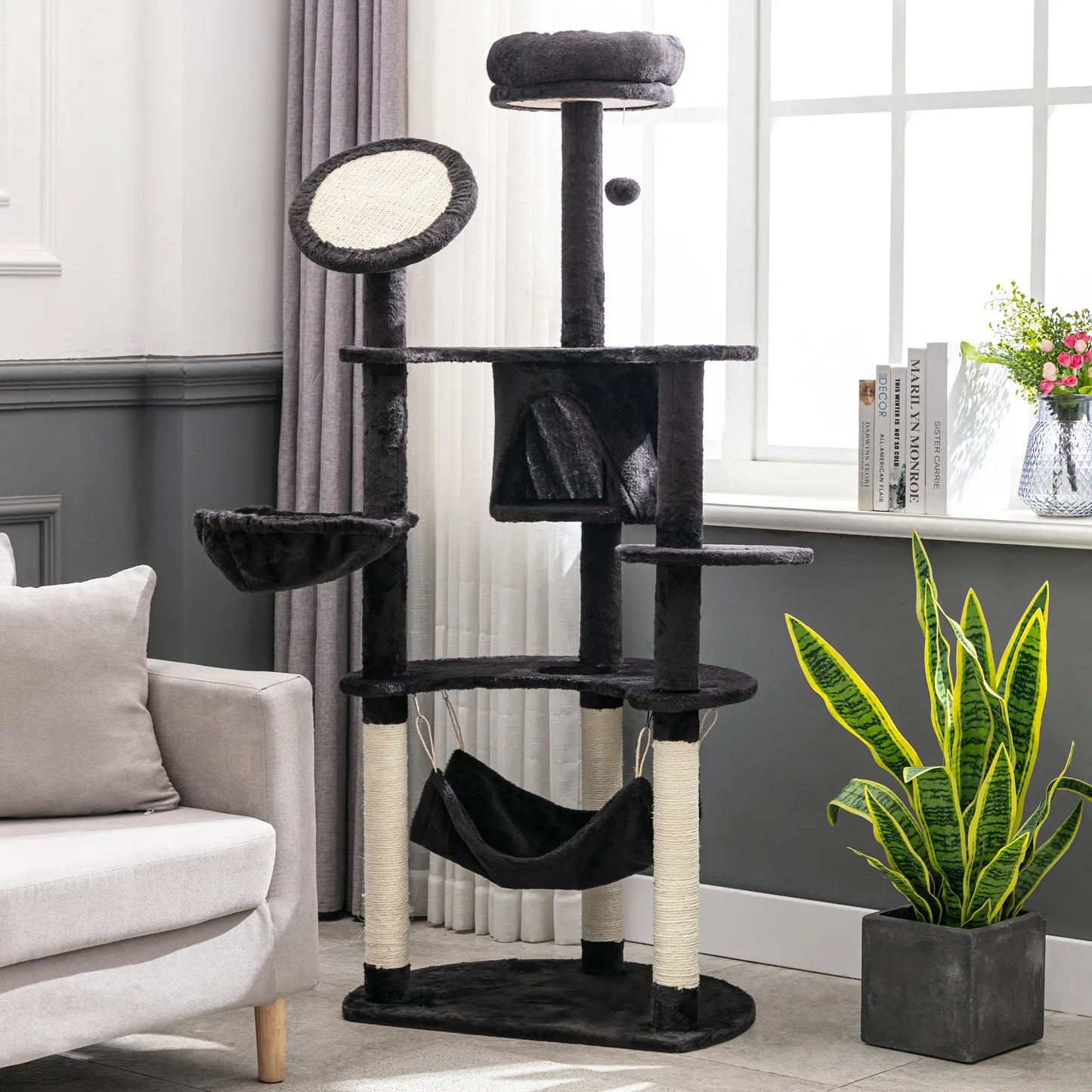 60" Multi-Level Plush Cat Tree, Scratching Posts, 2 Hammocks, Dark Grey Cat Trees at Gallery Canada