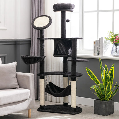 60" Multi-Level Plush Cat Tree, Scratching Posts, 2 Hammocks, Dark Grey Cat Trees at Gallery Canada
