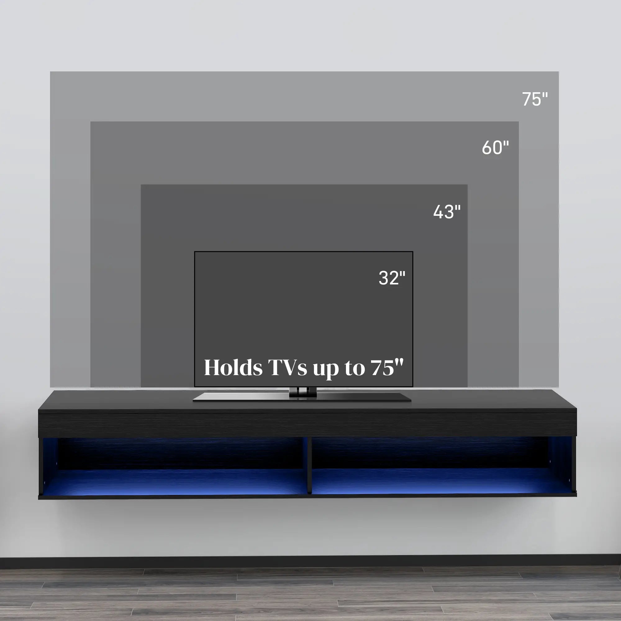 Wall Mounted TV Stand with Storage, LED Lights, 75