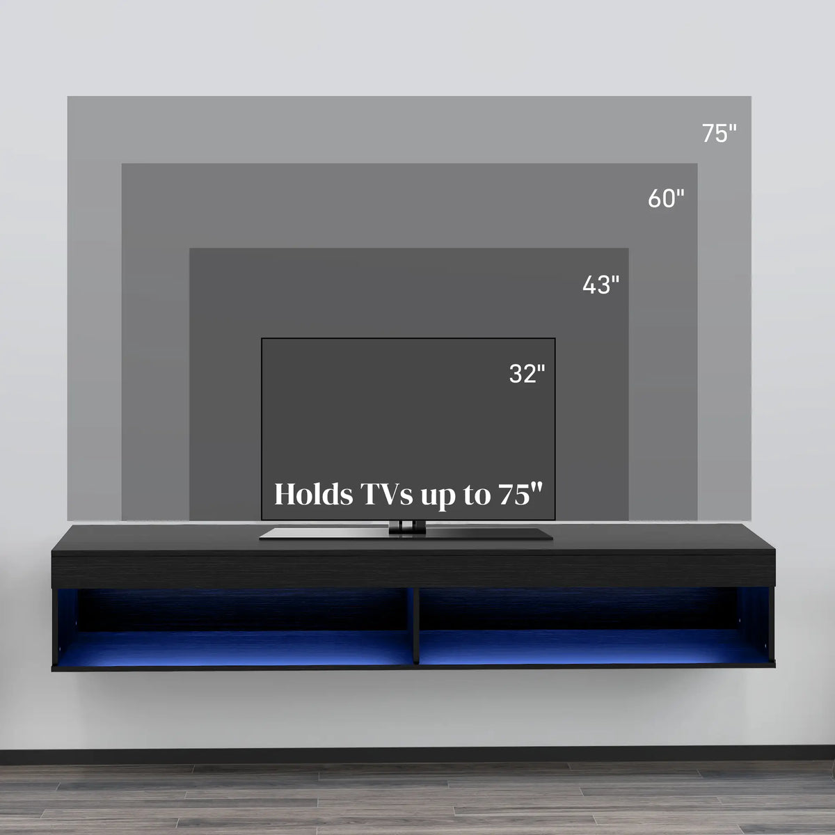 Wall Mounted TV Stand with Storage, LED Lights, 75", Black TV Stands at Gallery Canada