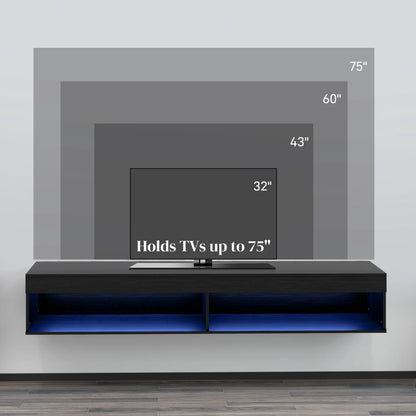 Wall Mounted TV Stand with Storage, LED Lights, 75", Black TV Stands at Gallery Canada