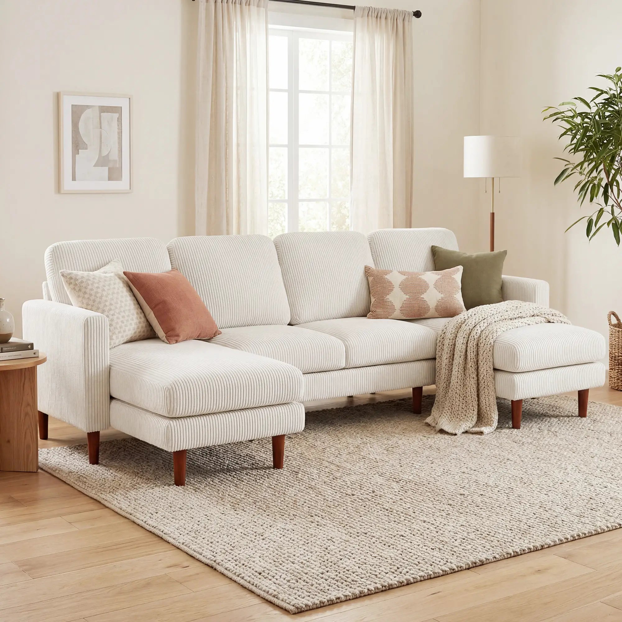 U Shaped Sectional Sofa, Corduroy, Double Chaise, Spring Cushions, 2200lb, Beige 3-Seater Sofas at Gallery Canada