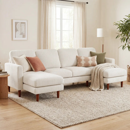 U Shaped Sectional Sofa, Corduroy, Double Chaise, Spring Cushions, 2200lb, Beige 3-Seater Sofas at Gallery Canada