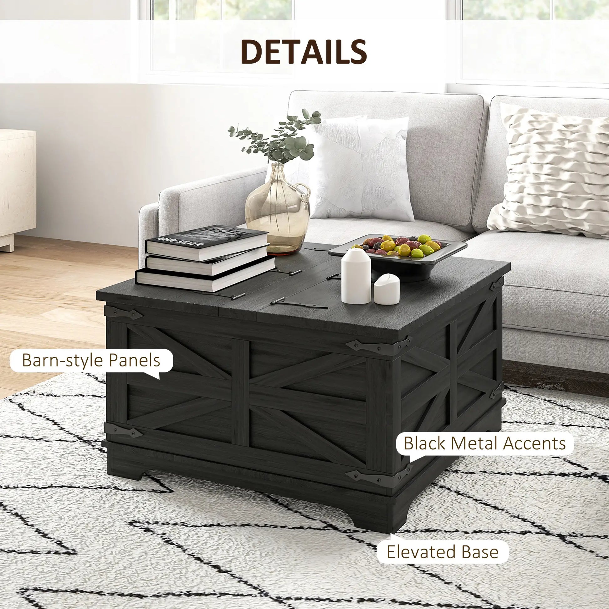 Farmhouse Coffee Table, Square Flip-Top Lid, Hidden Storage, Black Coffee Tables at Gallery Canada