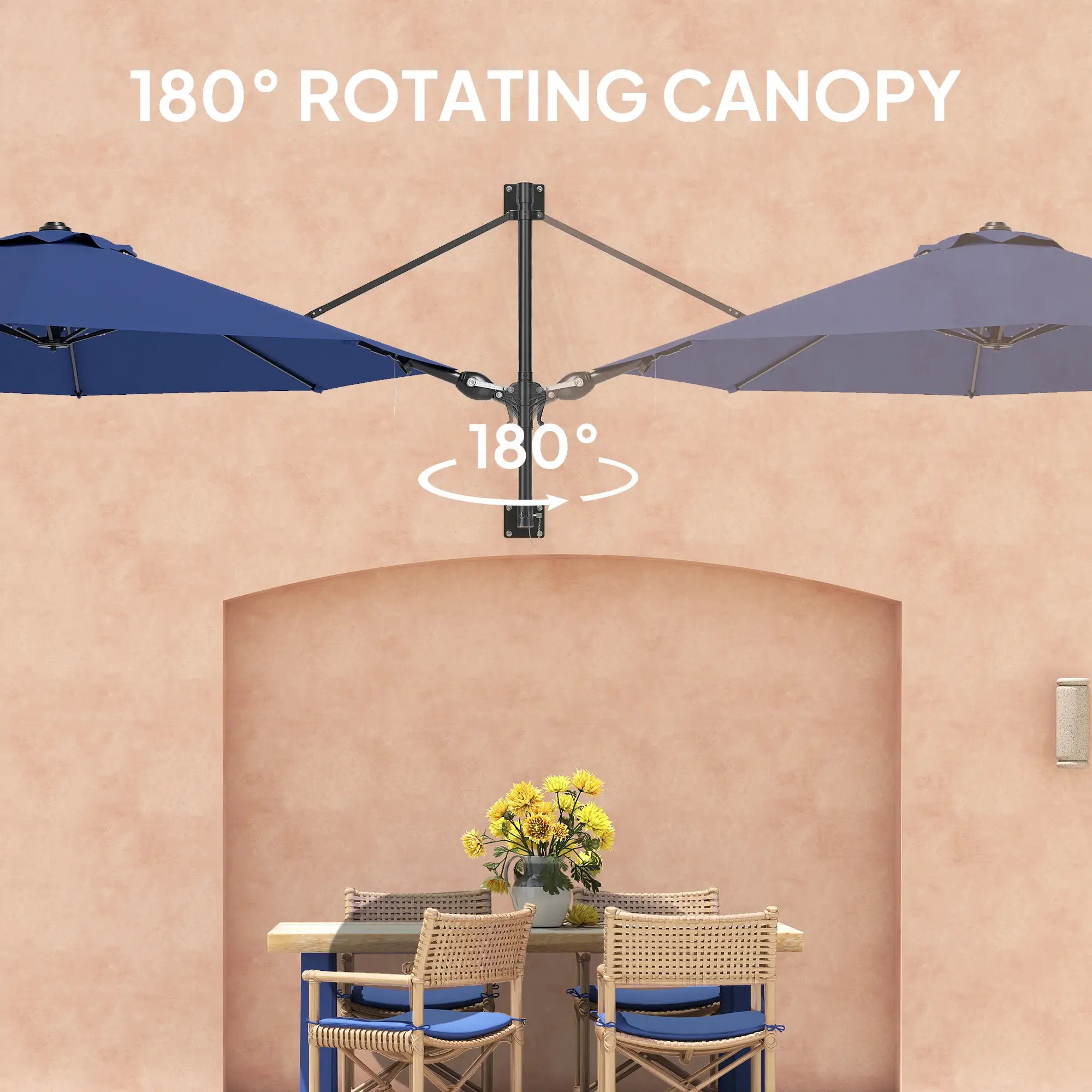 9.6 x 9.6 ft Wall Mounted Umbrella, Rotating Patio Parasol, Dark Blue Sun Umbrellas at Gallery Canada