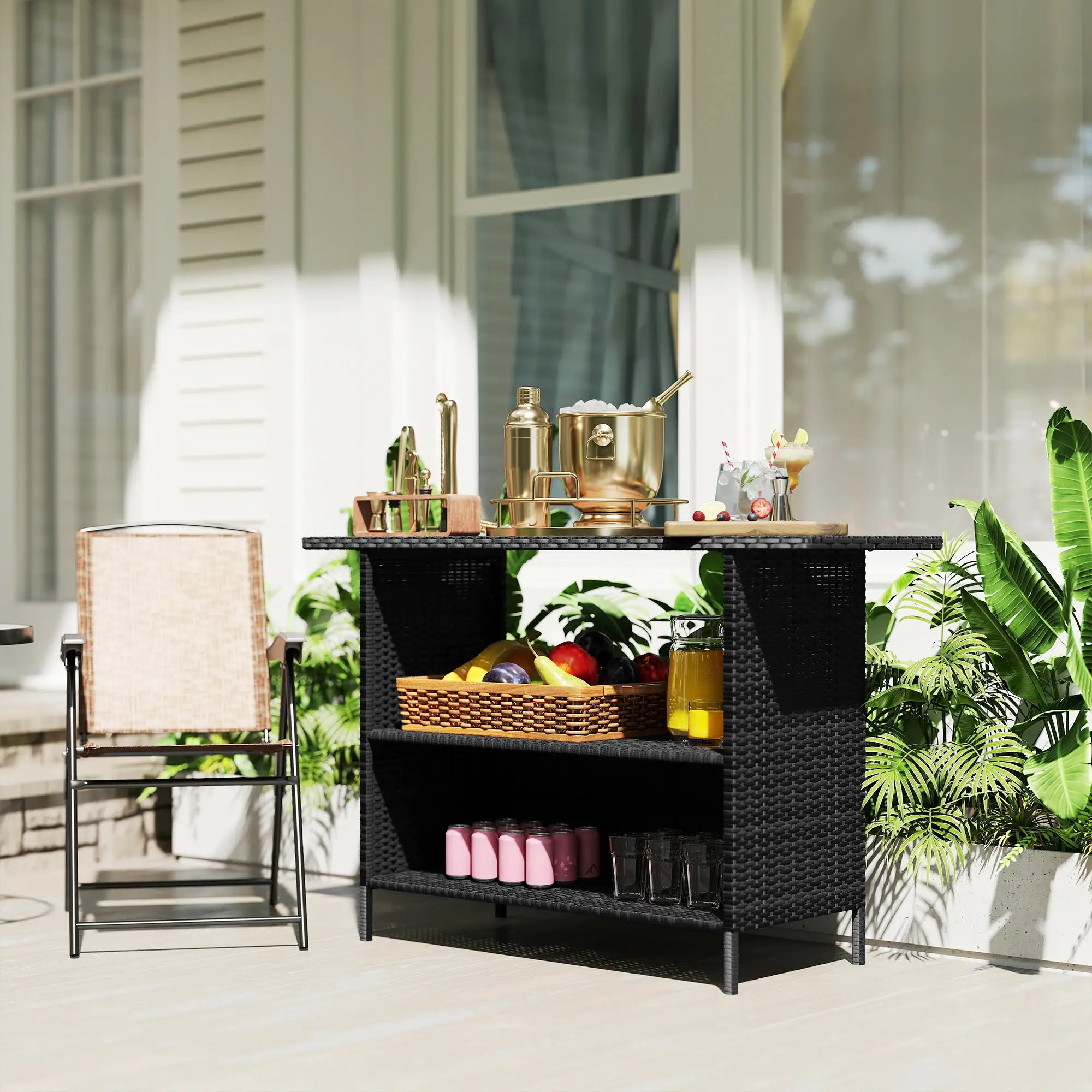 PE Rattan Outdoor Bar Table, 2 Shelves, Black Patio Side Tables at Gallery Canada