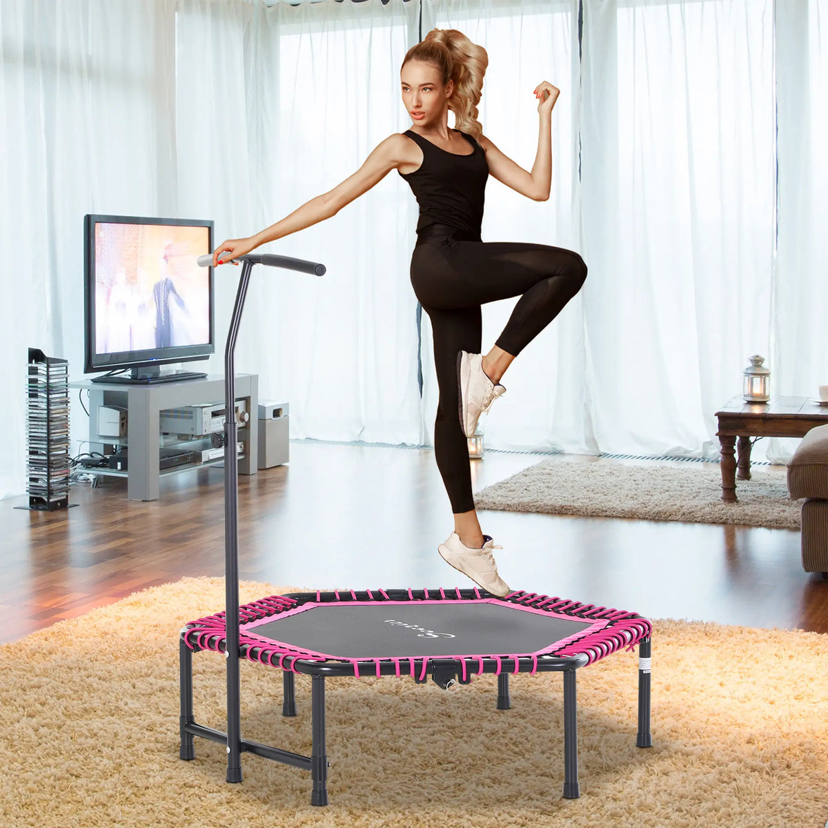 48" Hexagon Rebounder Trampoline, Fitness Bungee Jumper, Adjustable Bar, Pink Trampolines at Gallery Canada