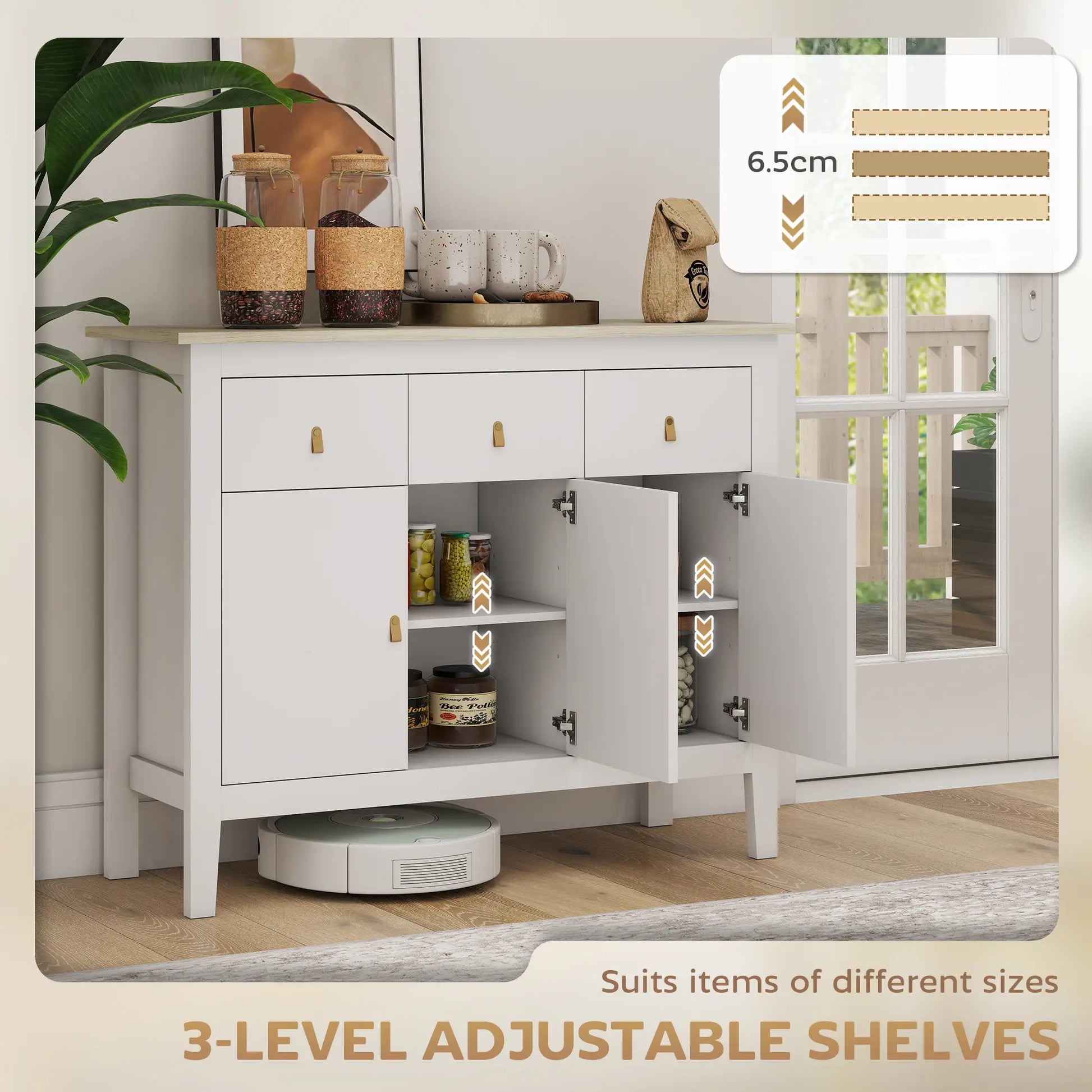 40" Sideboard Buffet Cabinet, 3 Drawers, 2 Adjustable Shelves, White Storage Cabinets at Gallery Canada