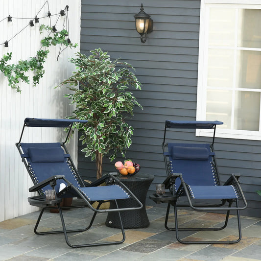 Foldable Lounge Chair with Canopy, Outdoor Zero Gravity Chair, Side Tray, Cup Holder, Blue Outdoor Chaise Lounges Blue at Gallery Canada