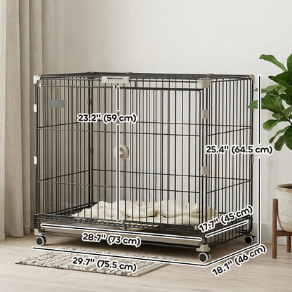 30 Inch Foldable Dog Crate, Metal Cage with Tray & Wheels, Black Dog Cages & Crates at Gallery Canada