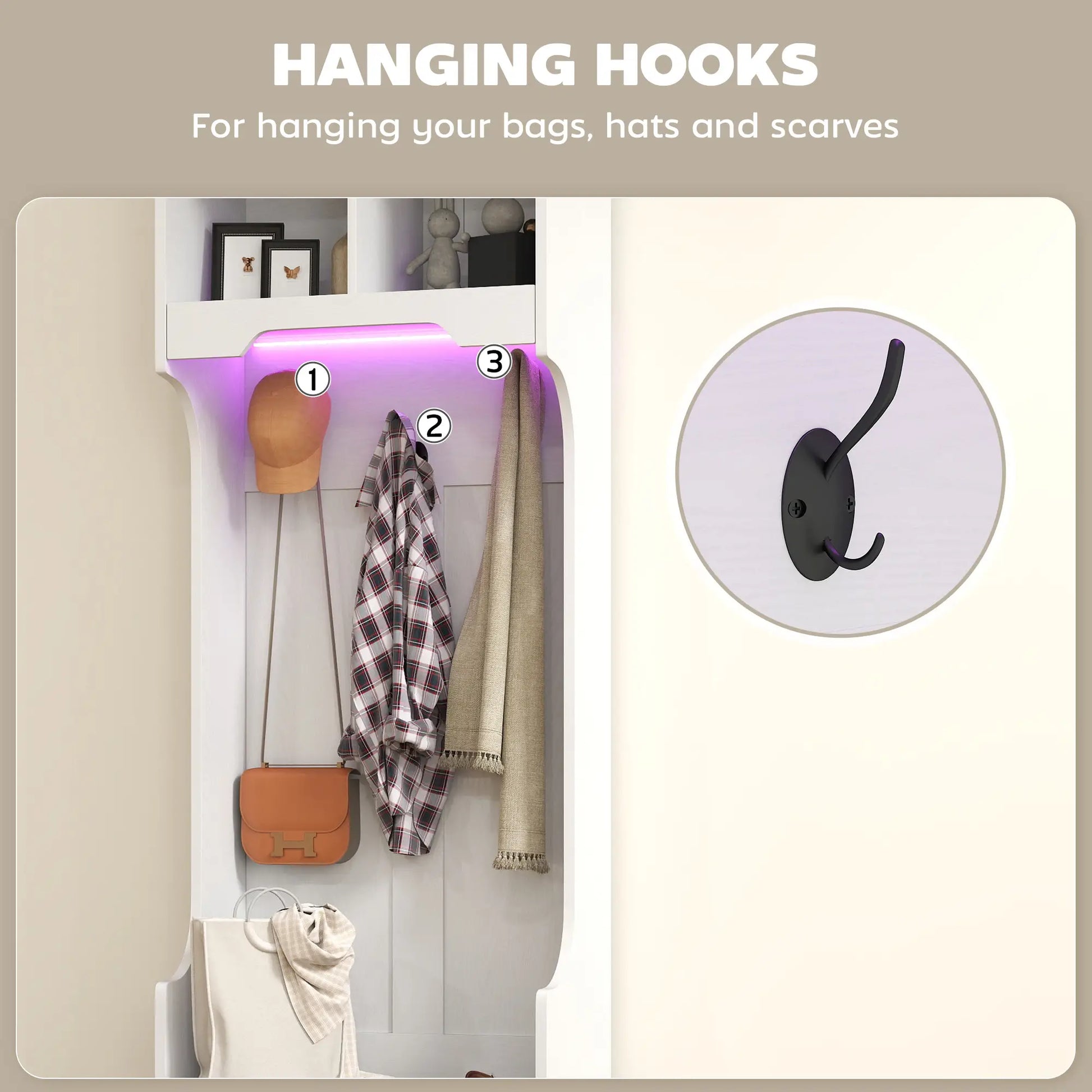 3-in-1 Hall Tree, LED Lights, Bench, Coat Rack, Shoe Storage, White Wood Grain, White Clothing Storage at Gallery Canada