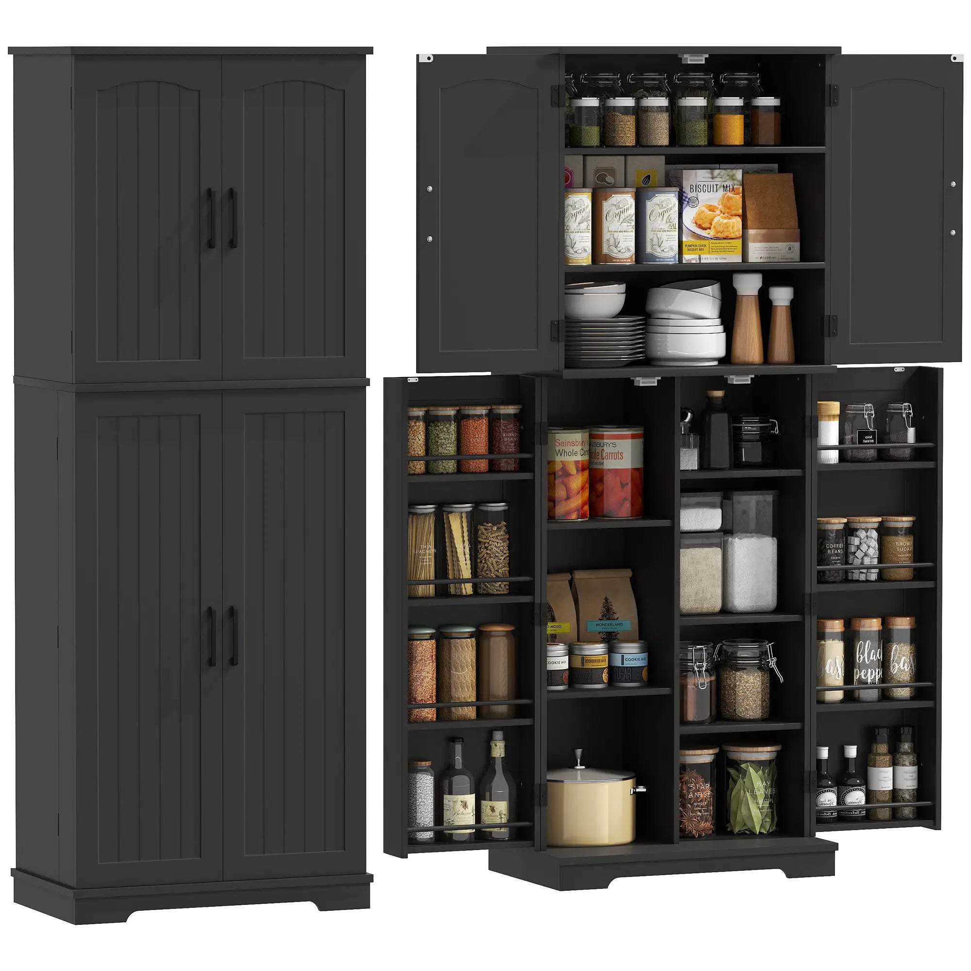 Tall Pantry Cabinet, 64 Inch, Adjustable Shelves, Spice Racks, Black Kitchen Pantry Cabinets at Gallery Canada