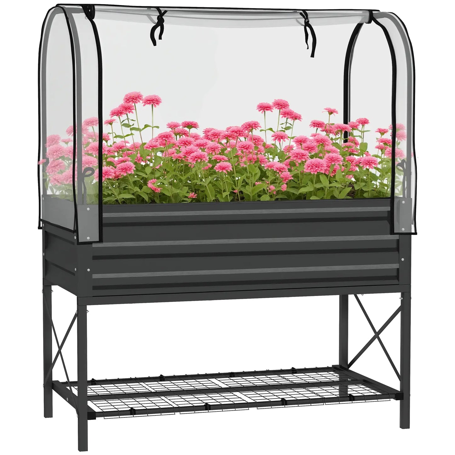 Metal Raised Garden Bed With Cover, With Bottom Shelf And Liner, Black