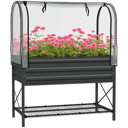 Metal Raised Garden Bed With Cover, With Bottom Shelf And Liner, Black