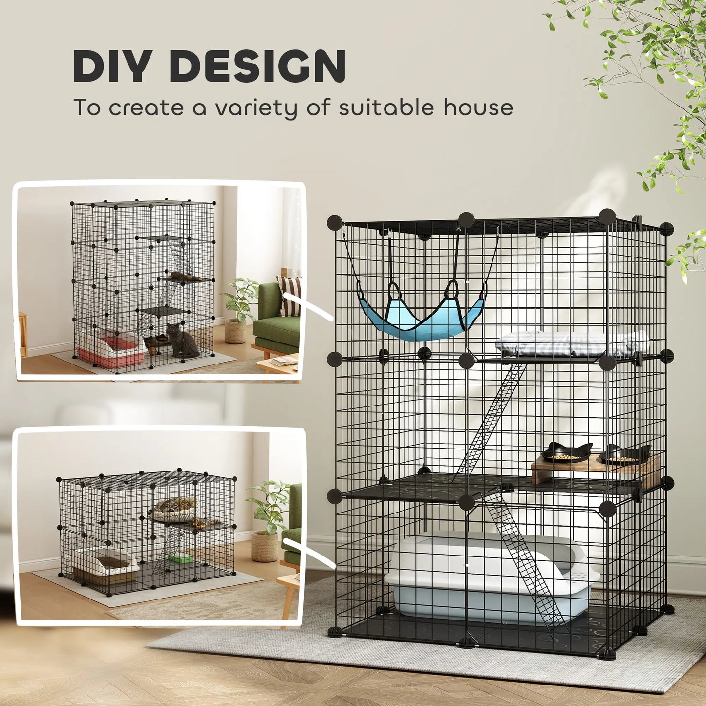 3 Tier Cat Cage Crate, DIY Pet Playpen, Black Outdoor Cat Enclosures at Gallery Canada