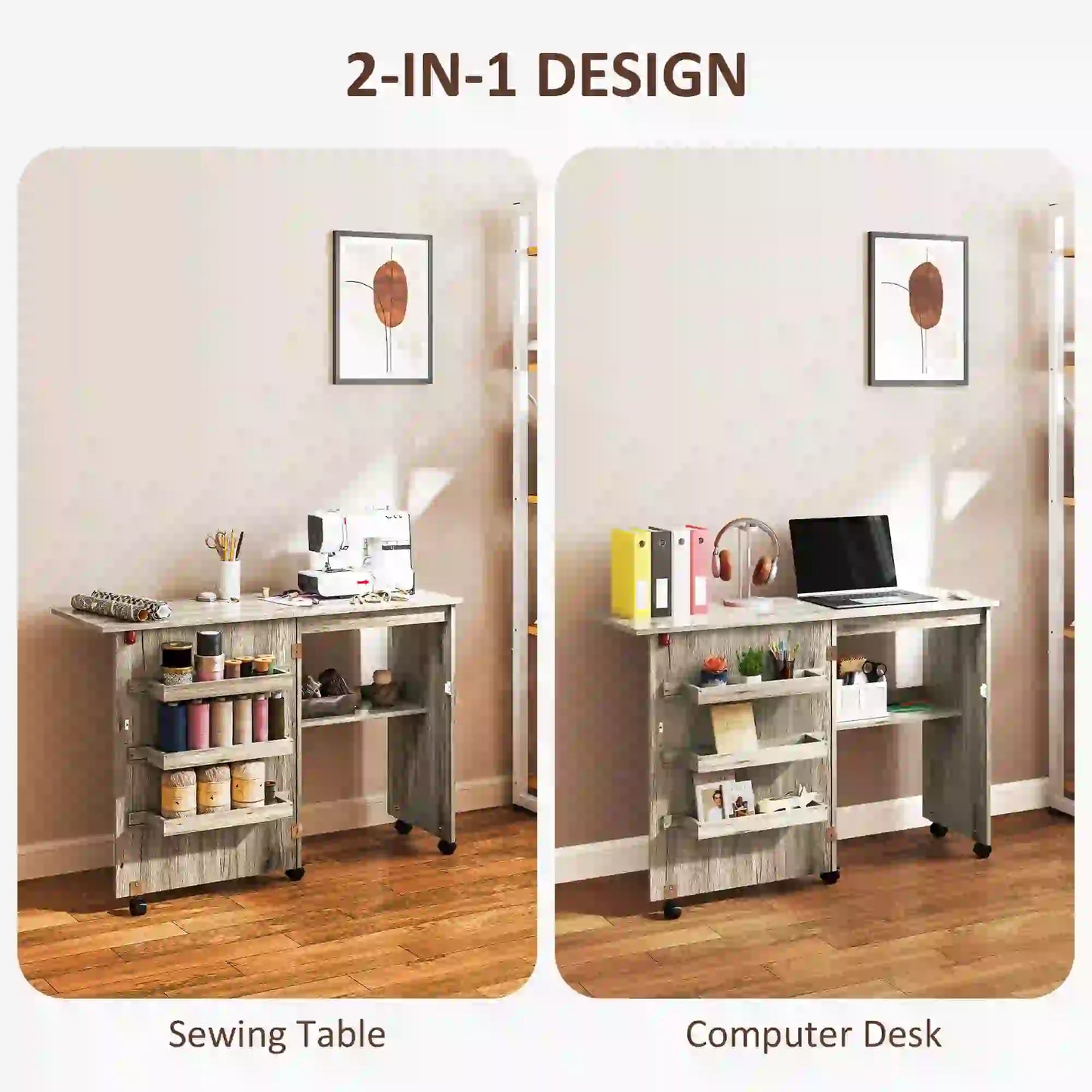 Folding Sewing Table with Storage Shelf, Bins, Lockable Wheels, Grey Storage Cabinets at Gallery Canada