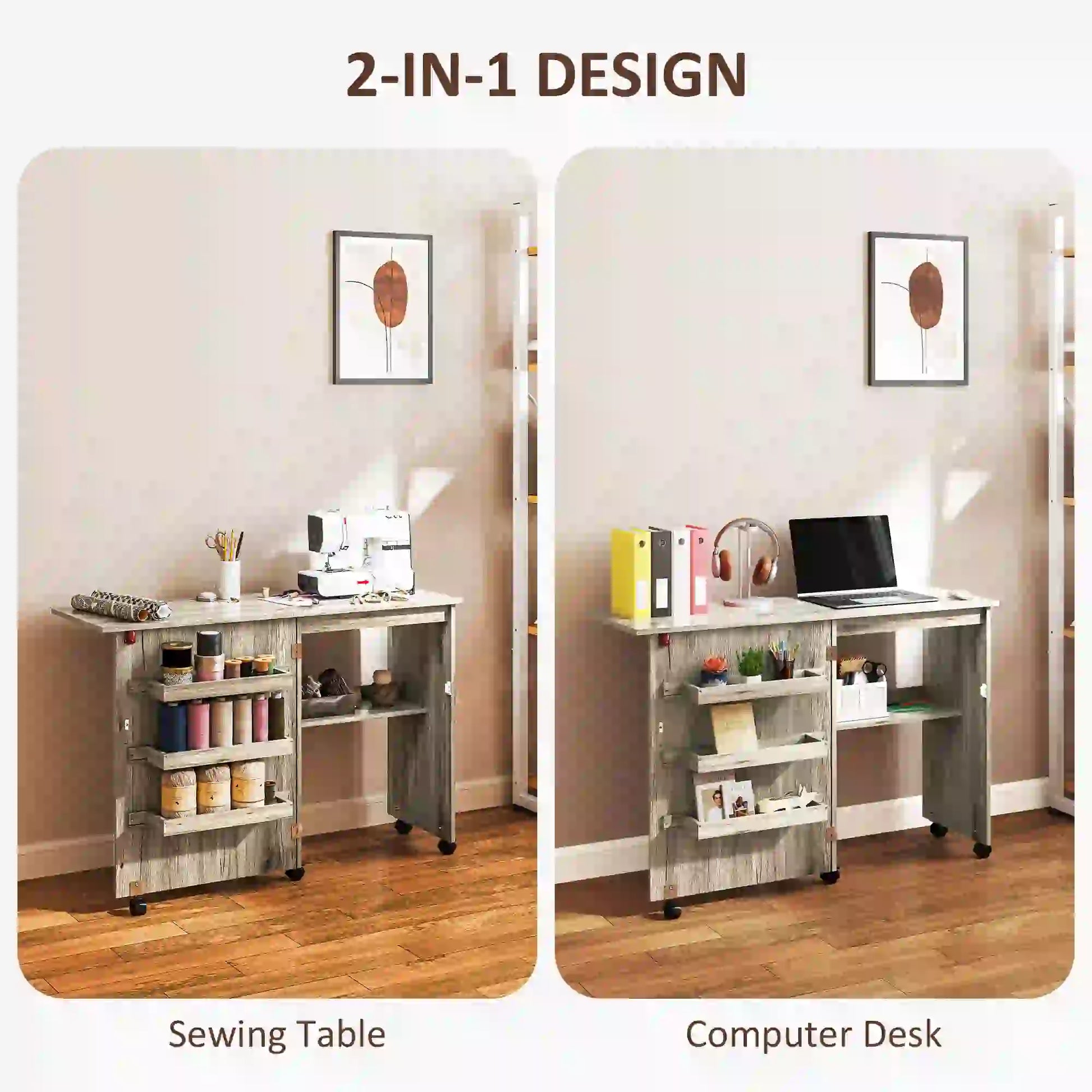 Folding Sewing Table with Storage Shelf, Bins, Lockable Wheels, Grey Storage Cabinets at Gallery Canada