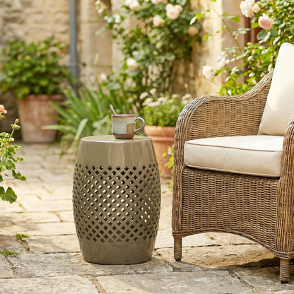 12.4" Steel Patio End Table, Round Hollow Drum Side Table, Khaki Patio Side Tables at Gallery Canada