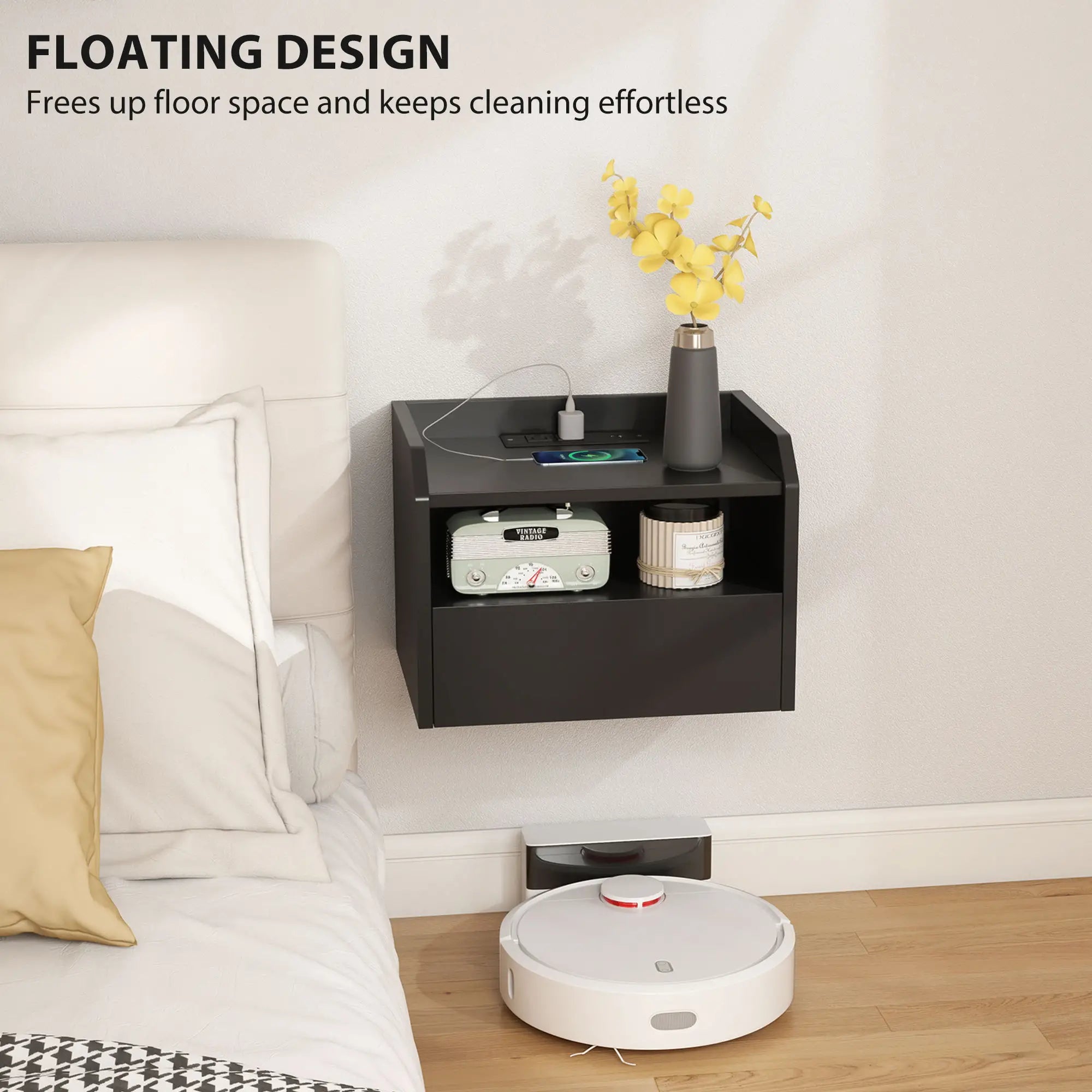 Wall Mounted Bedside Table, Set of 2 with Charging Station, Black Bedside Tables at Gallery Canada