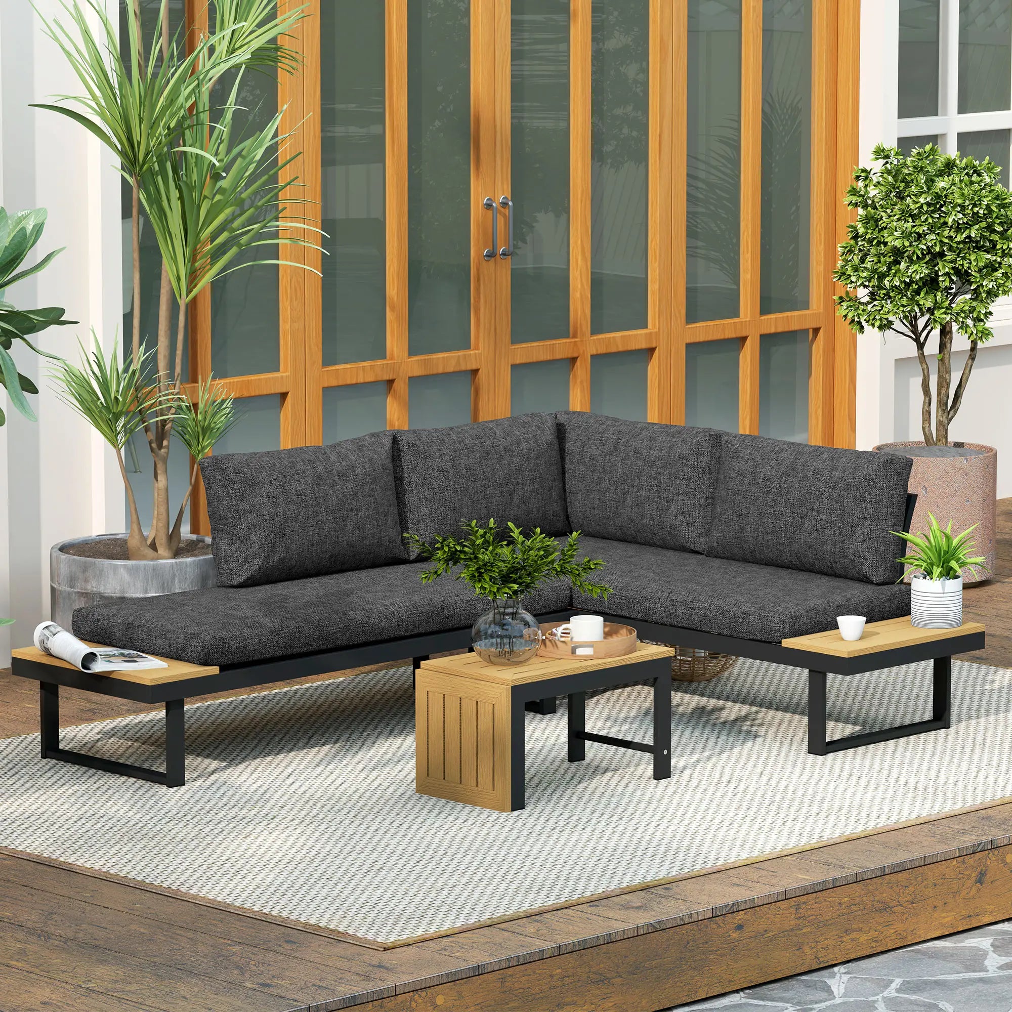 3-Piece Aluminum Corner Patio Set, 2 Loveseats, WPC Table, Grey Patio Furniture Sets at Gallery Canada