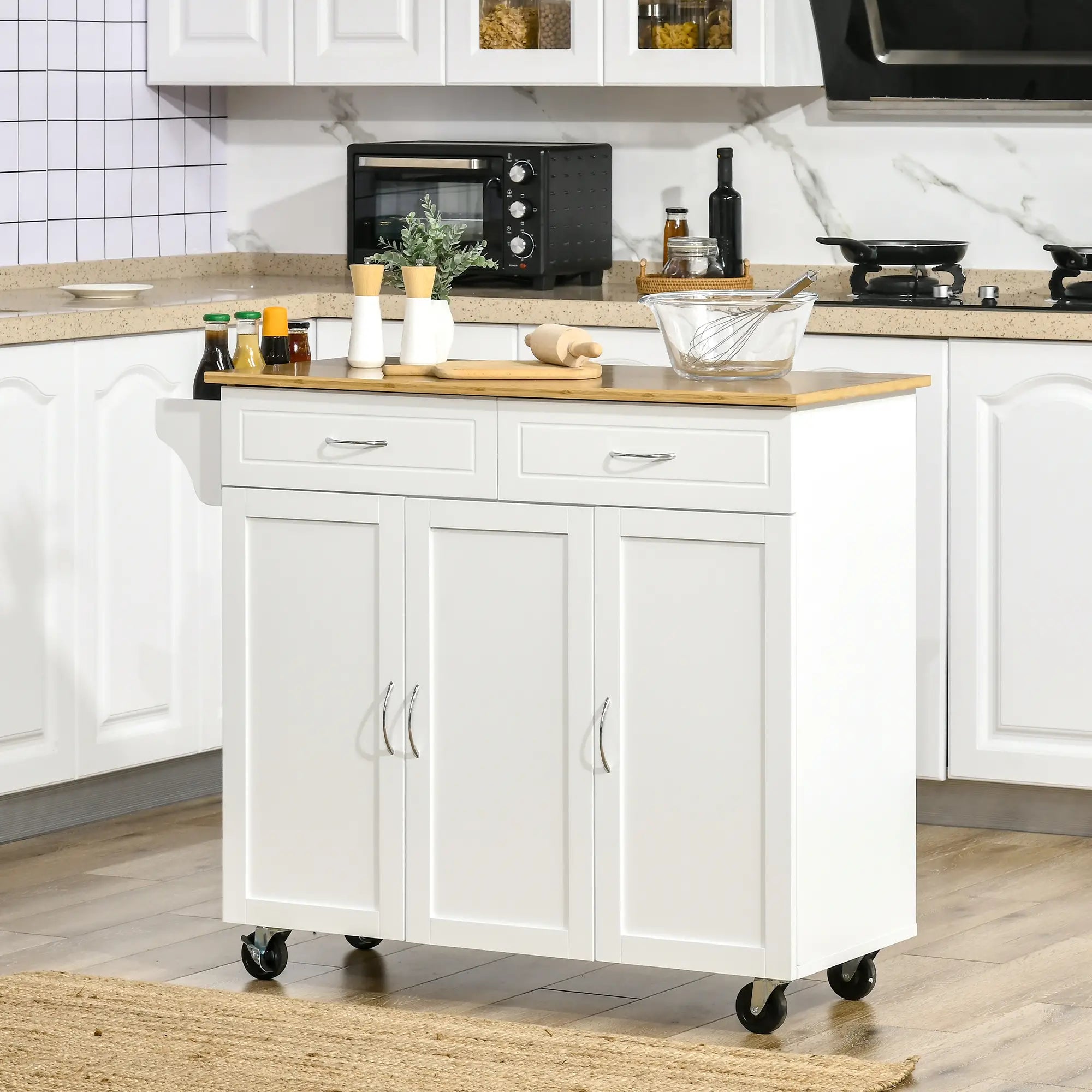 Kitchen Cart with Storage, Bamboo Countertop, Drawers, White Kitchen Islands & Kitchen Carts at Gallery Canada