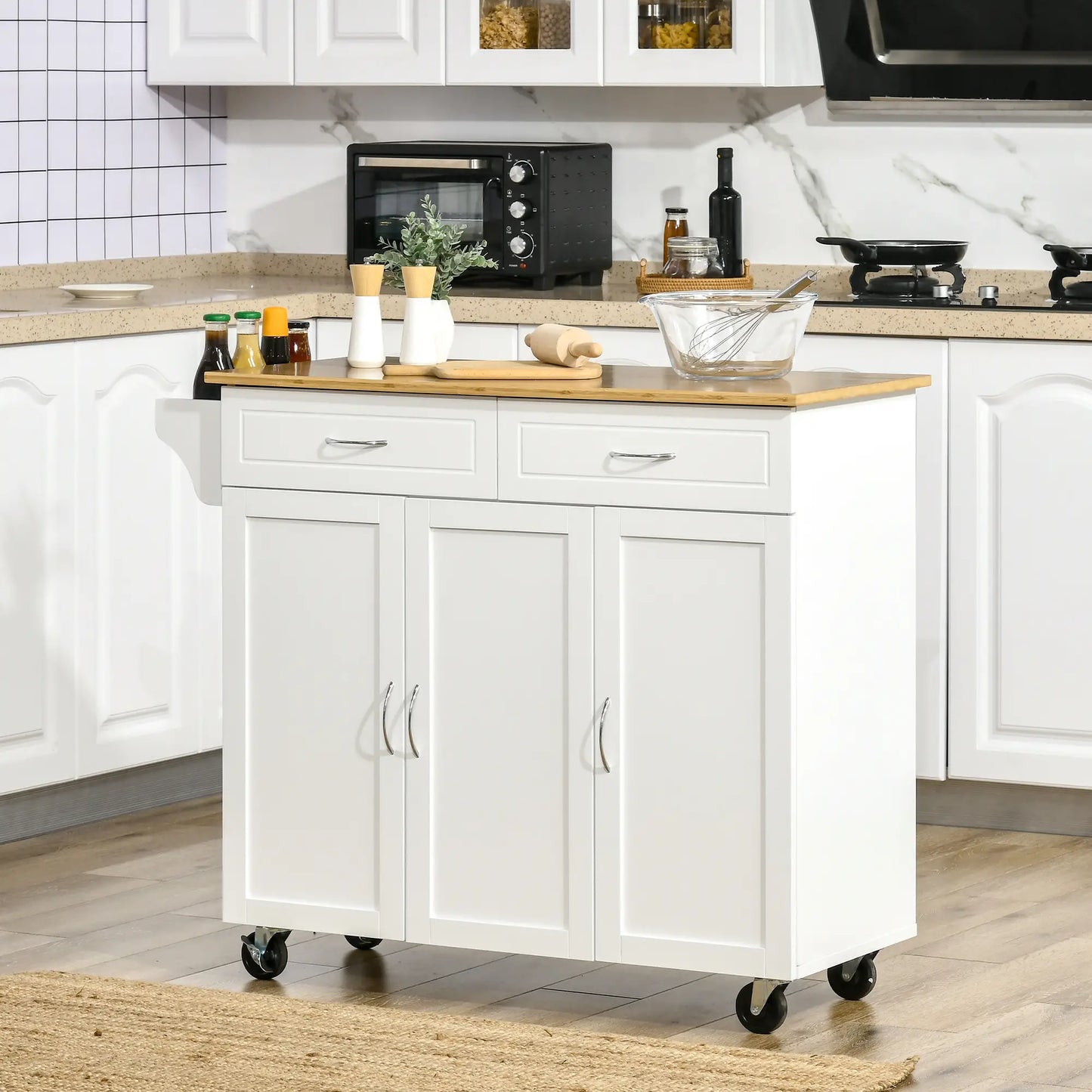 Kitchen Cart with Storage, Bamboo Countertop, Drawers, White Kitchen Islands & Kitchen Carts at Gallery Canada