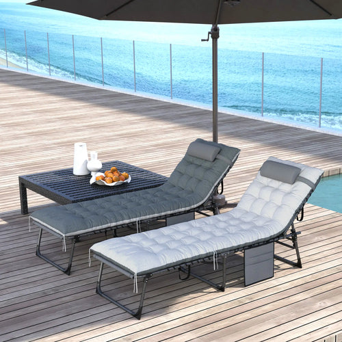 Folding Chaise Lounge Chair Set Of 2, With Cushion And Side Pocket, Grey