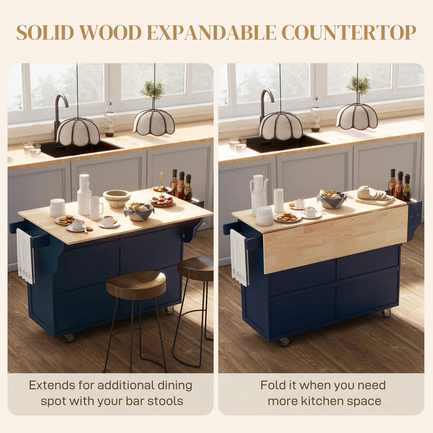 Kitchen Island with Storage, Drop Leaf, Rubber Wood Top, Navy Blue Kitchen Islands & Kitchen Carts at Gallery Canada