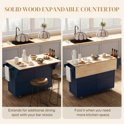 Kitchen Island with Storage, Drop Leaf, Rubber Wood Top, Navy Blue Kitchen Islands & Kitchen Carts at Gallery Canada