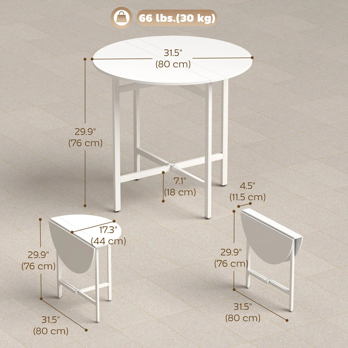 Folding Drop Leaf Dining Table, 80 cm, White Dining Tables at Gallery Canada