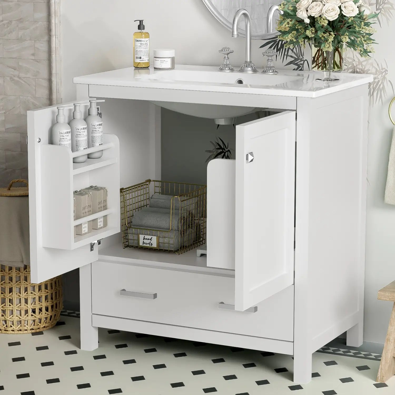 Single Sink Bathroom Vanity, Solid Wood, Soft-Close Doors, 30