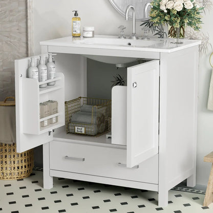Single Sink Bathroom Vanity, Solid Wood, Soft-Close Doors, 30" L x 18.5" W x 34" H, White Sink Cabinets at Gallery Canada