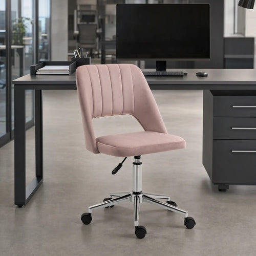 Mid Back Office Chair, Velvet Fabric, Swivel, Scallop Shape, Pink
