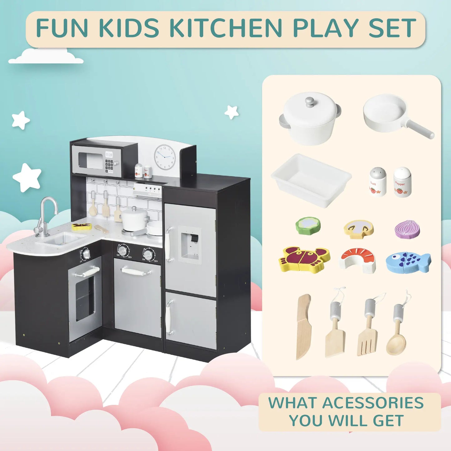 Kids Kitchen Play Set, Drinking Fountain, Microwave, Dark Brown Play Kitchen at Gallery Canada