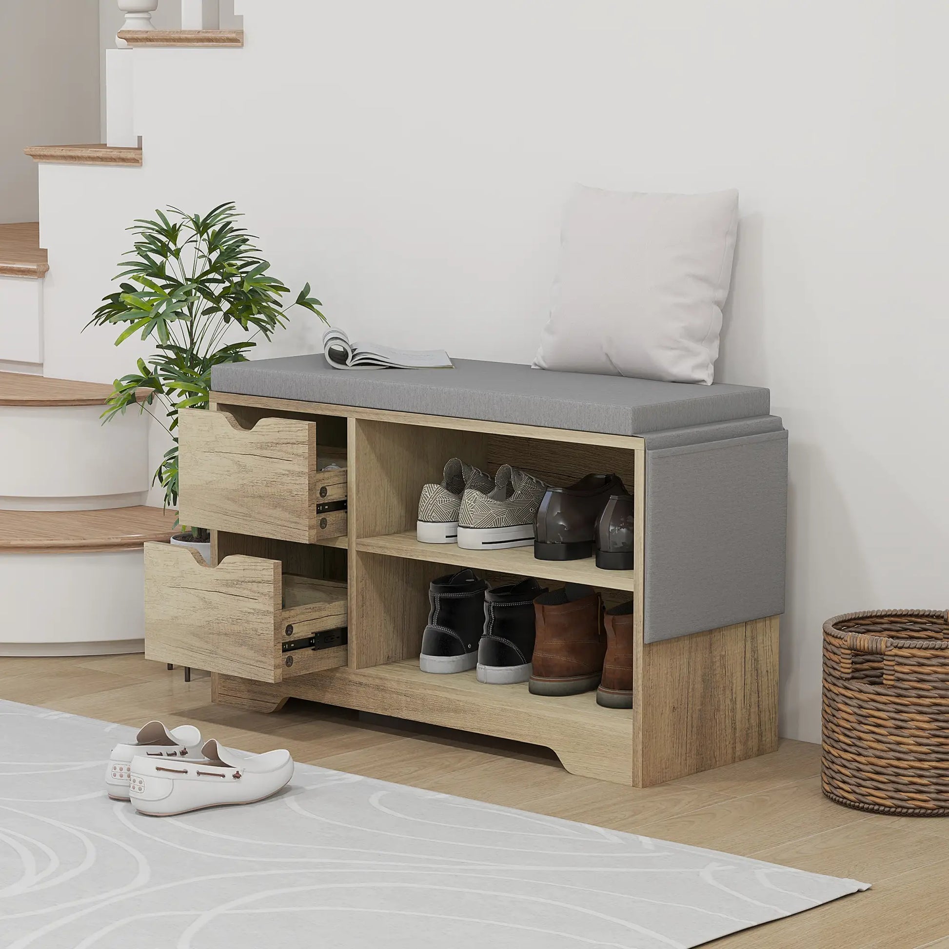 Upholstered Shoe Storage Bench With Seat, Drawer, Open Shelves, Grey Shoe Storage Cabinets & Racks at Gallery Canada