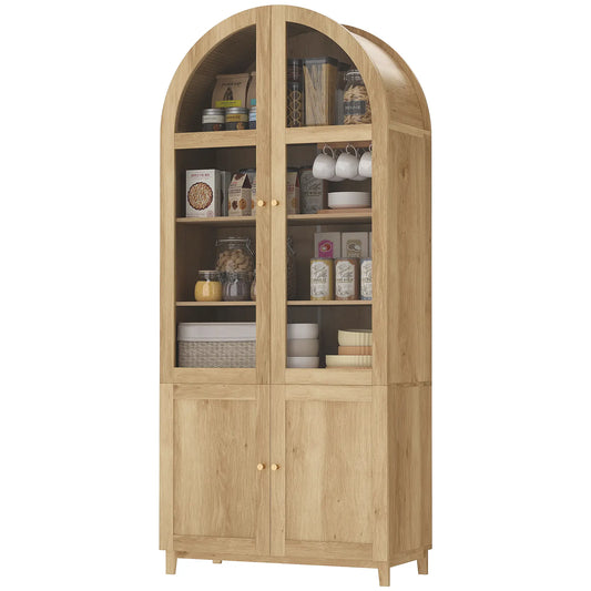 71" Tall Arched Kitchen Pantry Cabinet, Adjustable Shelves, Acrylic Doors, Oak