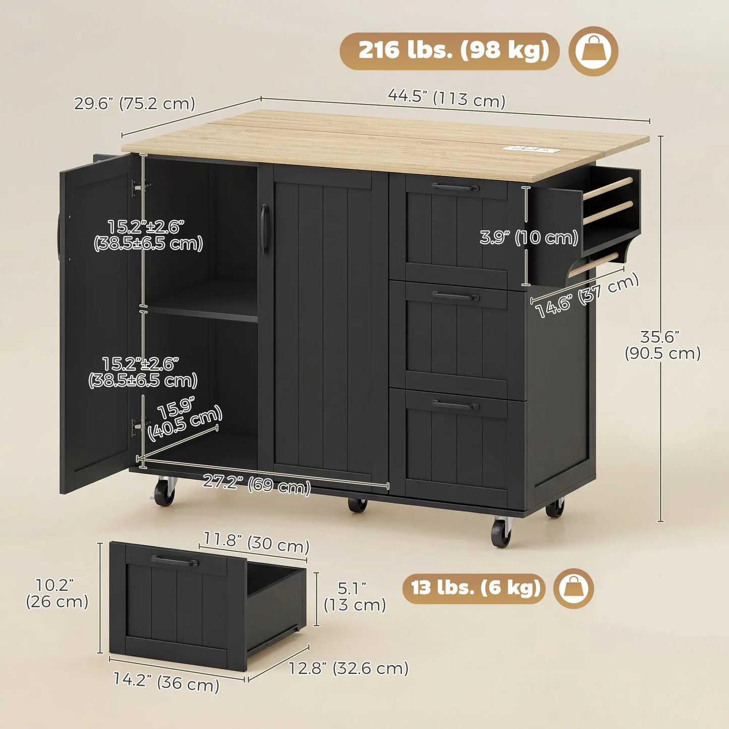 Kitchen Island with Drop Leaf, Rolling Cart, Power Outlet, Black Kitchen Islands & Kitchen Carts at Gallery Canada