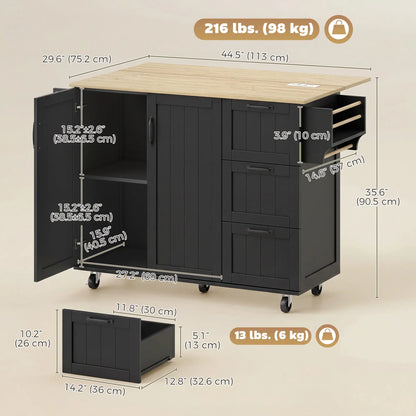 Kitchen Island with Drop Leaf, Rolling Cart, Power Outlet, Black Kitchen Islands & Kitchen Carts at Gallery Canada