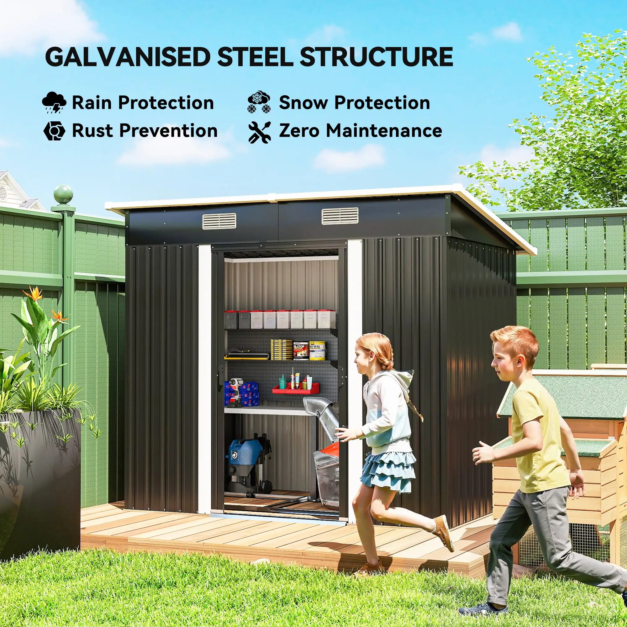 7'x4' Metal Patio Storage Shed, Garden Tool Utility Unit, Black Sheds at Gallery Canada