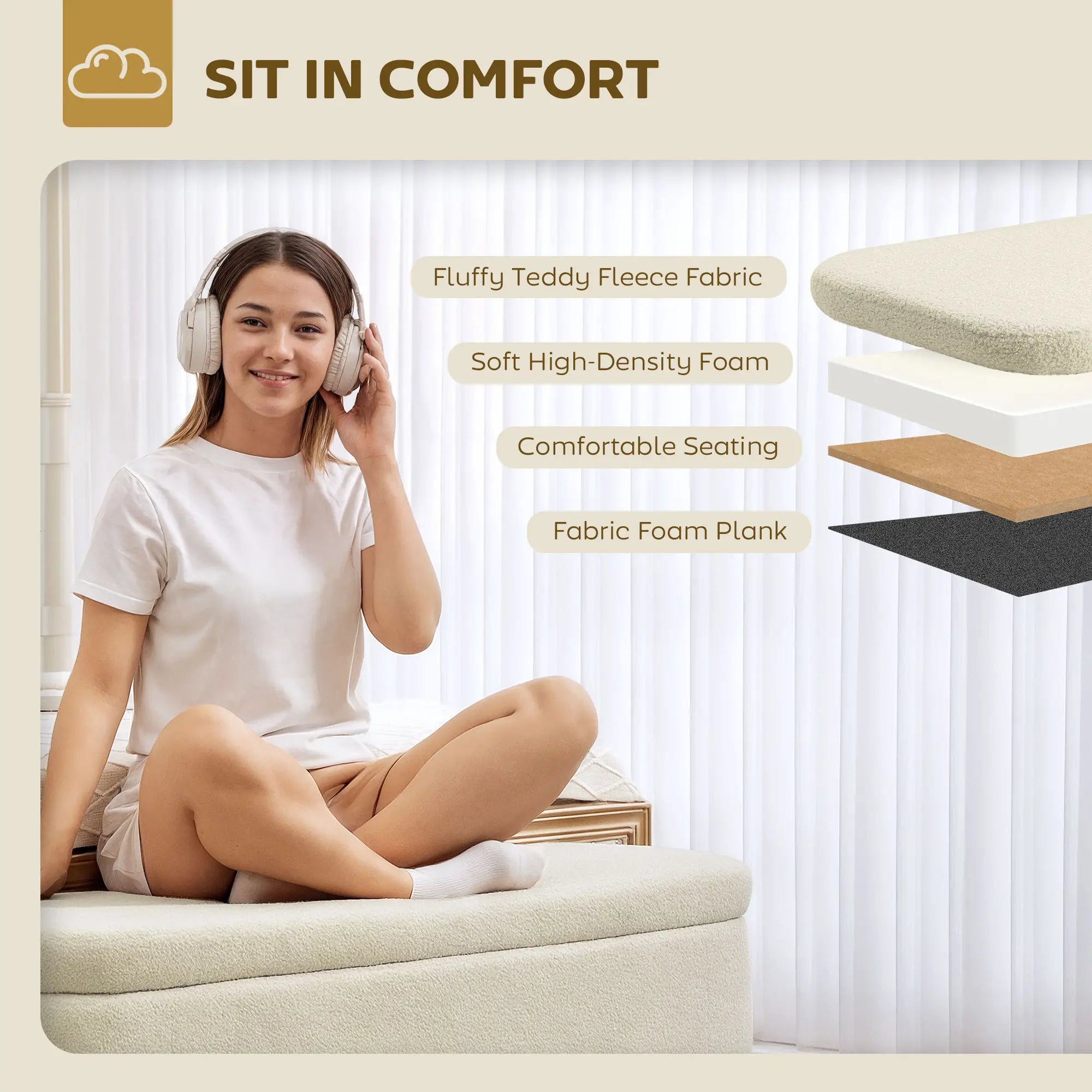 47 Inches Storage Ottoman Bench, Upholstered Teddy Fleece, Beige Storage Ottomans & Benches at Gallery Canada