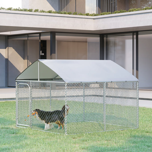 Dog Kennel Outdoor Run Fence with Roof, Steel Lock, Mesh Sidewalls for Backyard &; Patio, 9.8' x 9.8' x 7.7' - Gallery Canada