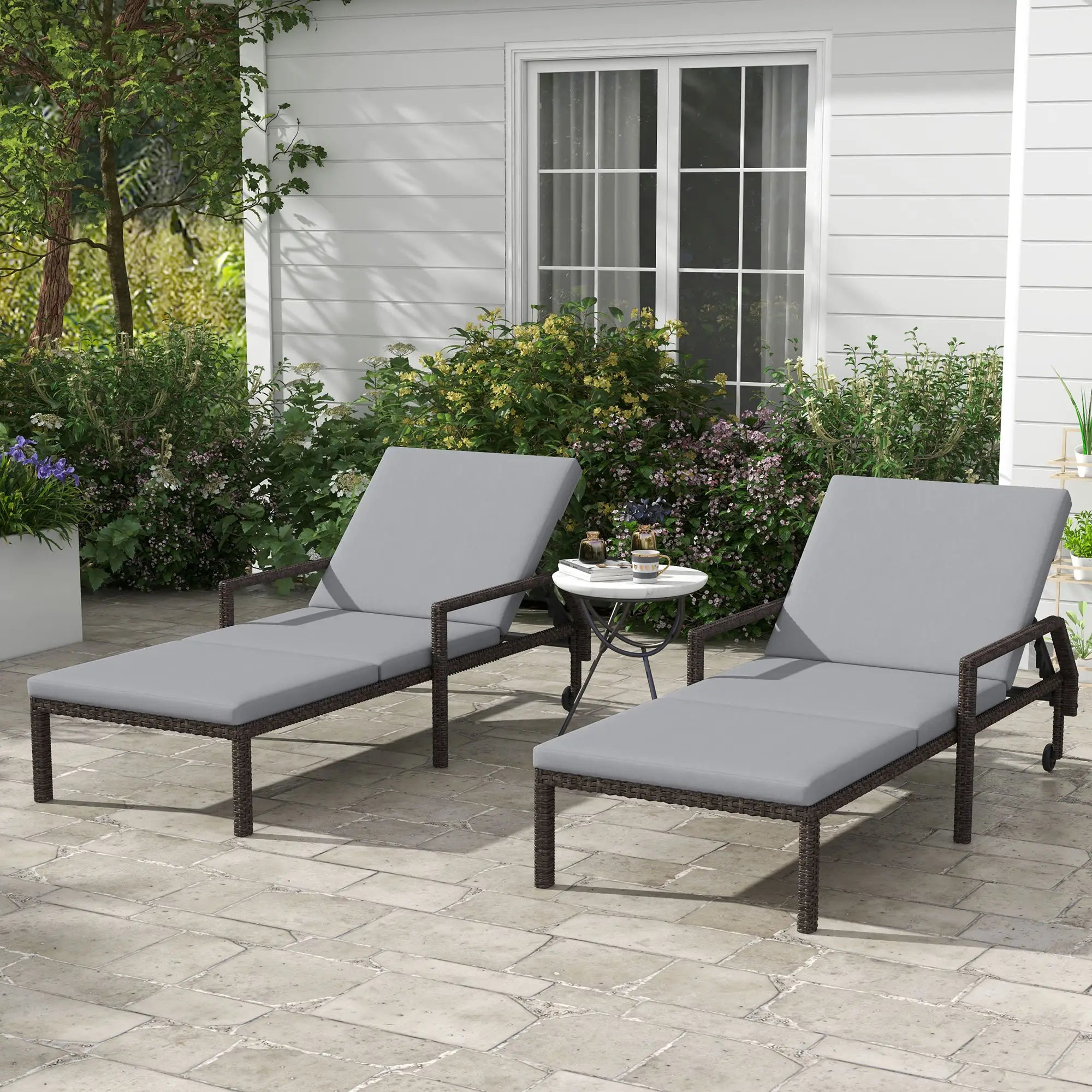 2 Piece Wicker Chaise Lounger, PE Rattan Outdoor Chair, Adjustable Backrest, 2 Wheels, Grey Chaise Loungers at Gallery Canada