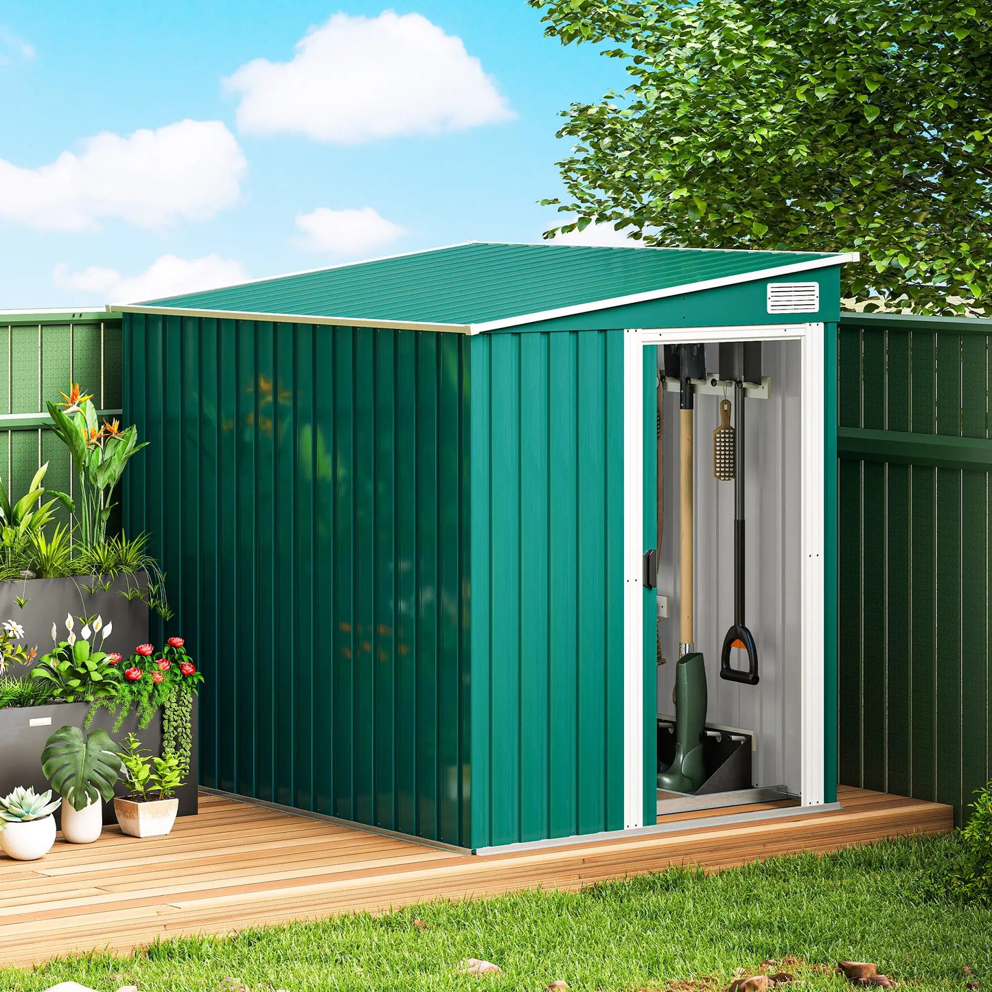 5'x7' Galvanized Metal Shed, With Sliding Door, 2 Vents, Green Sheds at Gallery Canada