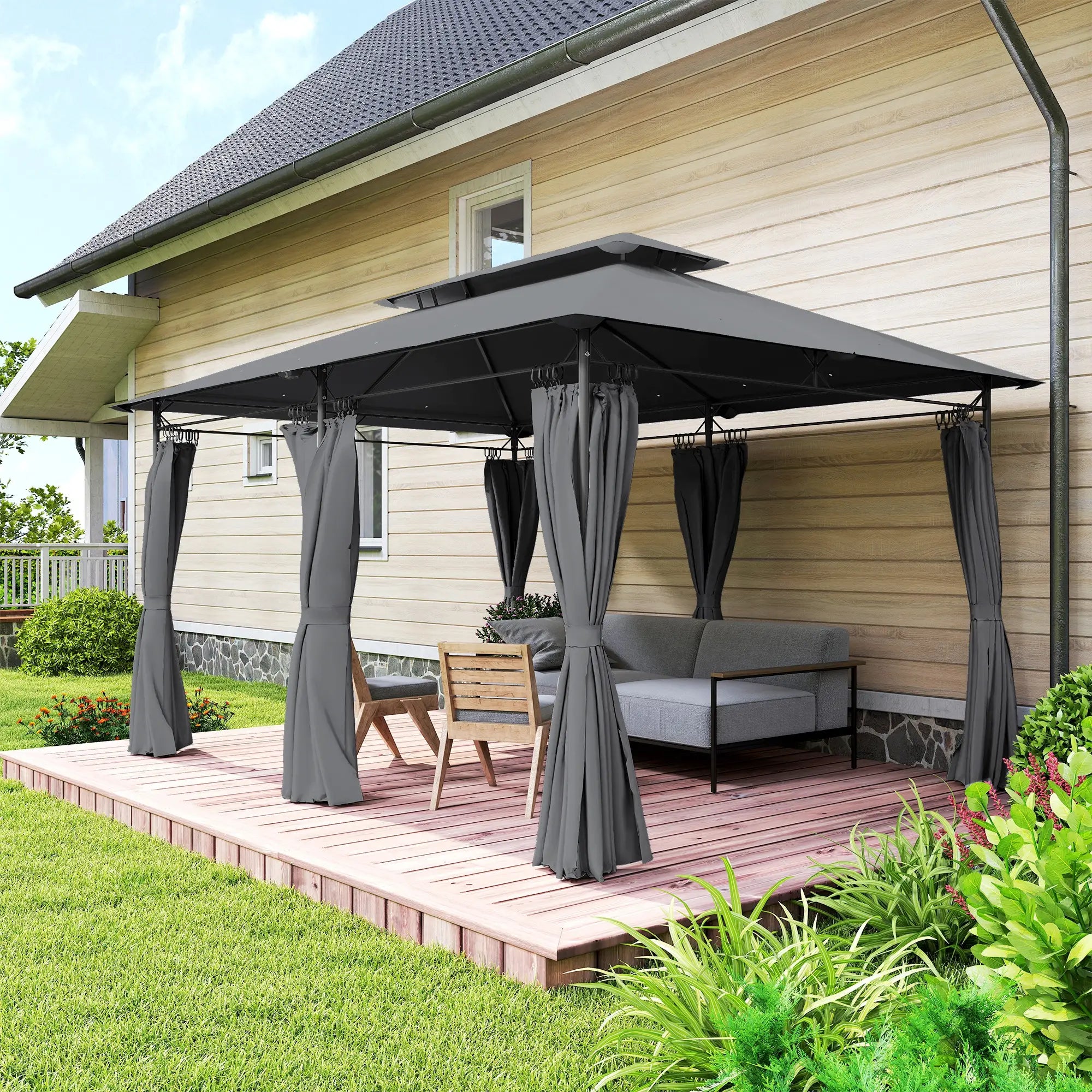 10' x 13' Double Roof Patio Gazebo, Outdoor Gazebo with Curtains, Grey Gazebos at Gallery Canada