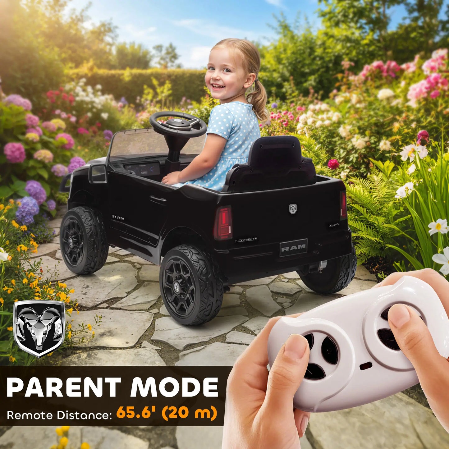 12V Ride On Car, Dodge RAM 3500, Remote Control, Suspension, Black Electric Toy Cars at Gallery Canada